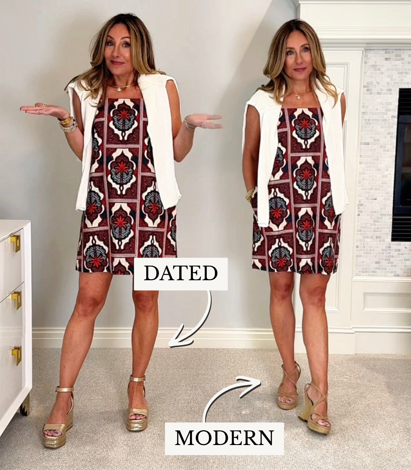 Hallie Abrams in a printed shift dress with a gold platform espadrille wedge beside the same dress with a slim natural wedge