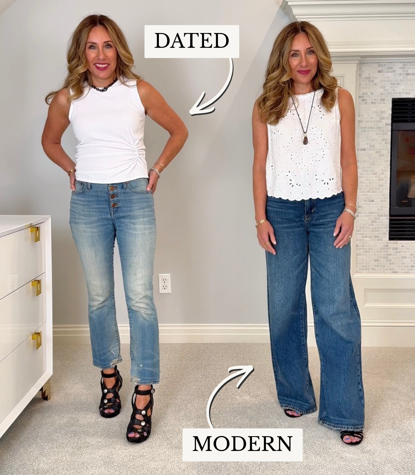 Hallie Abrams in a navy top with stark white jeans and wedges beside an ecru wide leg jean with a sleeker wedge