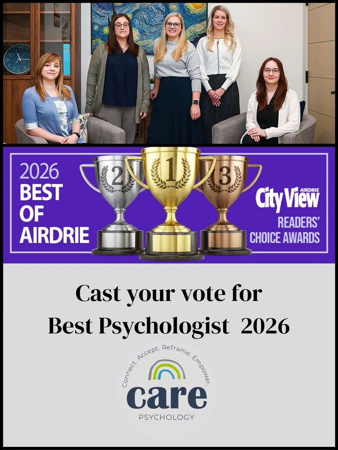 CARE Psychology has been nominated for Best Psychologist in the Best of Airdrie awards, and honestly, we&rsquo;re feeling really grateful. 🤍

This recognition means a lot because it comes from this community, the people who trust us with meaningful 