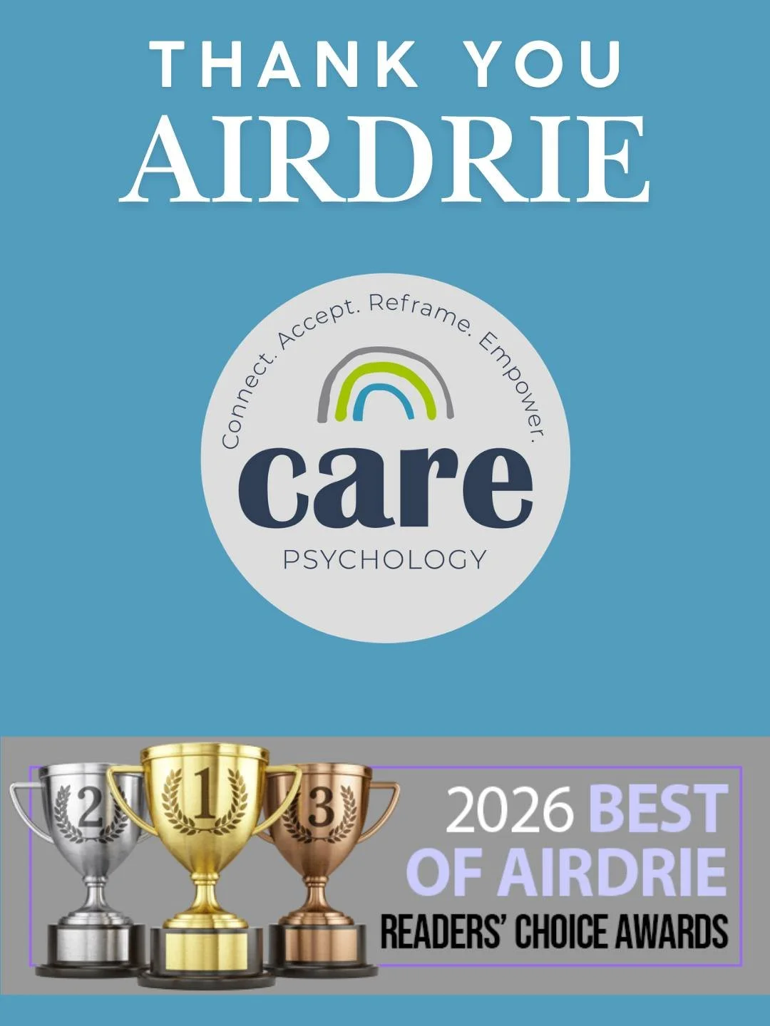 We are so grateful.

Care Psychology has been recognized in the 2026 Best of Airdrie Readers' Choice Awards and it's because of this community.

Thank you to everyone in Airdrie who took the time to vote. 

Being seen and supported by the people we s