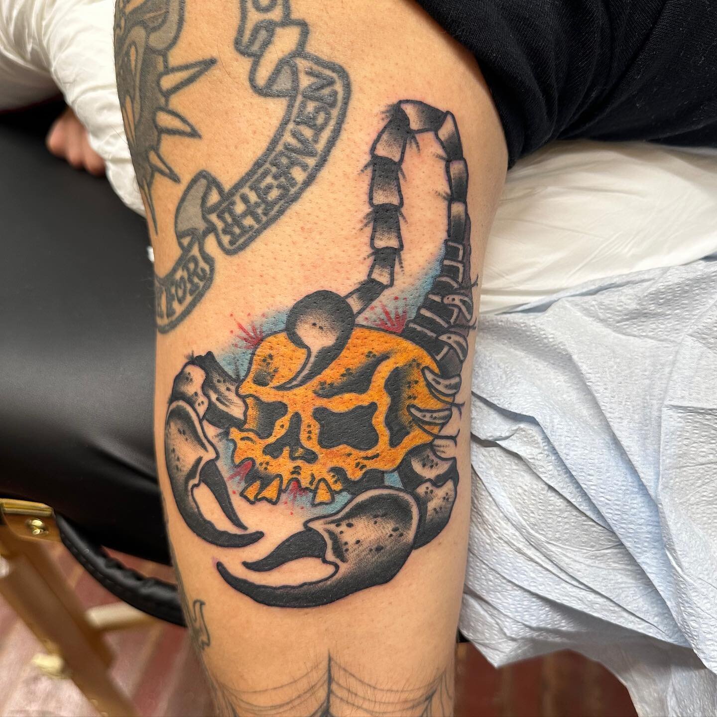 Have you looked at a skull scorpion today? Now you have. Handiwork by @marshall.gif. @kewbie.108 has open availability this week and we&rsquo;ll also be open for walk ins this Saturday 1/13. Hope to see you there! 🌞