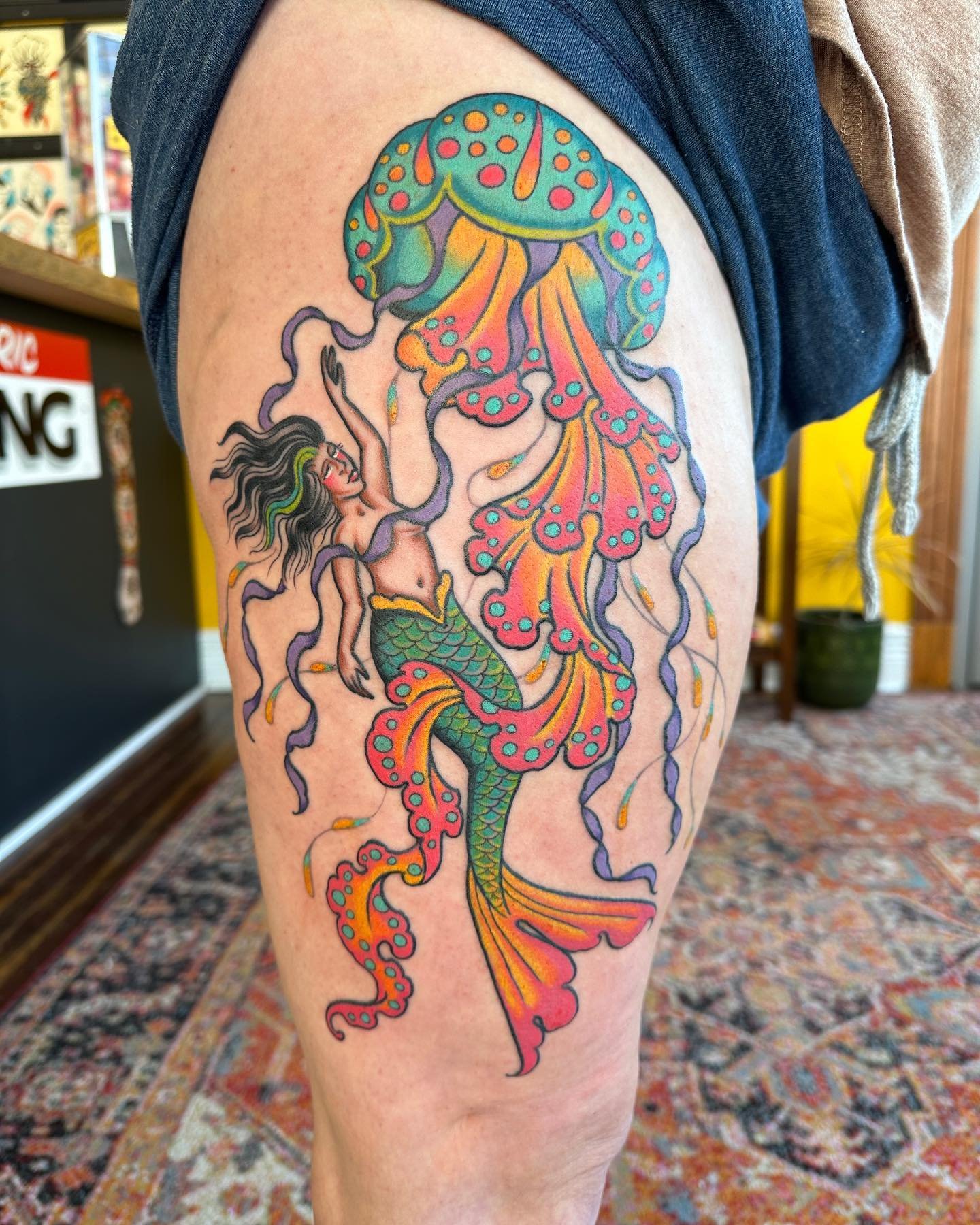 Jellyfish &amp; mermaid by @jerika.tattoos, panther head by @kewbie.108, cactus by @marshall.gif. 
Walk ins this Saturday! 
Stop in for custom or flash 💎🌞👹