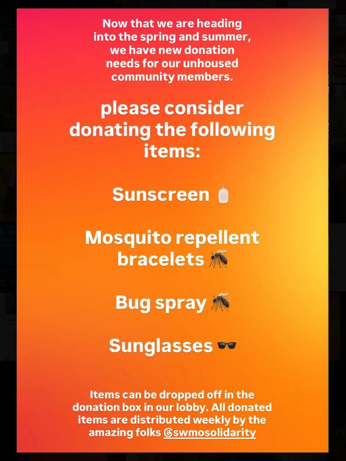 🌞 A new season means new needs for community members. Please consider donating items to be distributed by the amazing people @swmosolidarity who provide a free weekly meal and much more to Springfieldians in need. Please follow and support their wor
