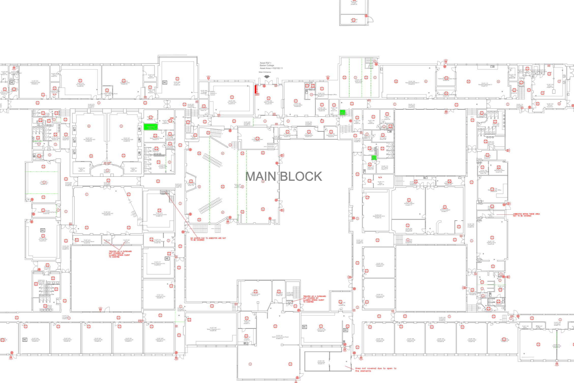 Detailed architectural or engineering floor plan of a building, labeled as 'Main Block,' with various rooms, corridors, electrical symbols, emergency exits, and notes.