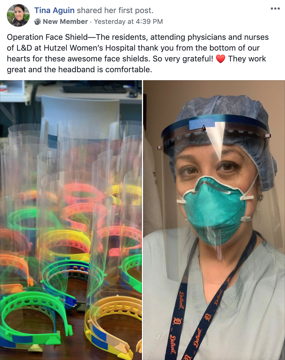 Array of colorful face shields on a table and a healthcare worker wearing a face shield, mask, and scrubs in a medical setting.