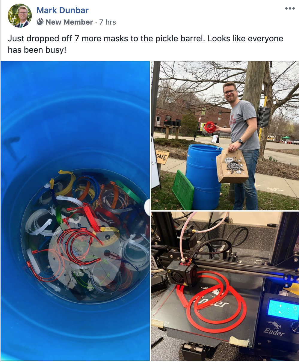 A collage showing a blue barrel filled with wristbands, a man holding a wristband and a bag outdoors, and a 3D printer laying flexible Plastic filament loops.