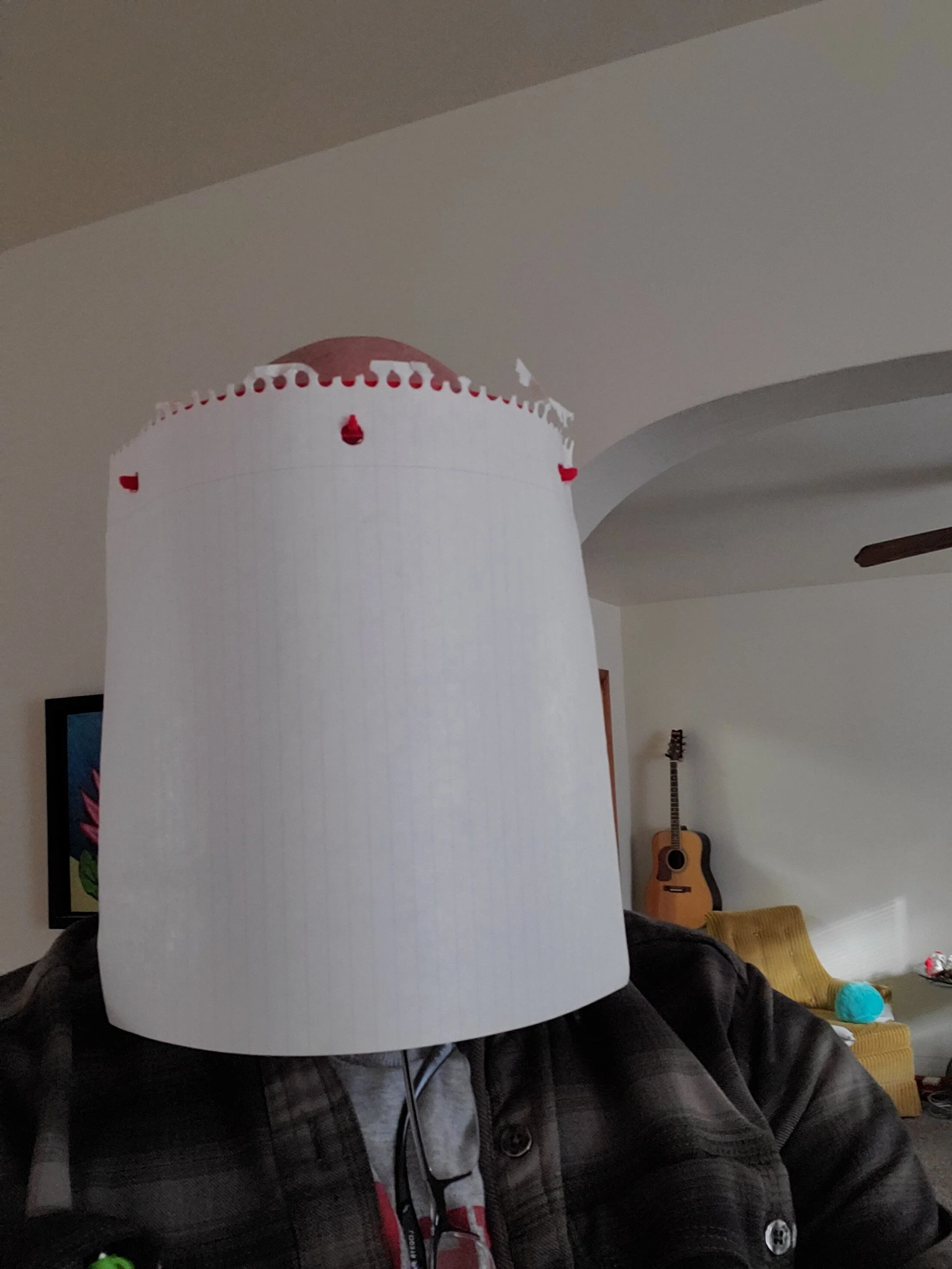 Person wearing a lamp shade on their head, in a living room with a guitar and a yellow chair in the background.