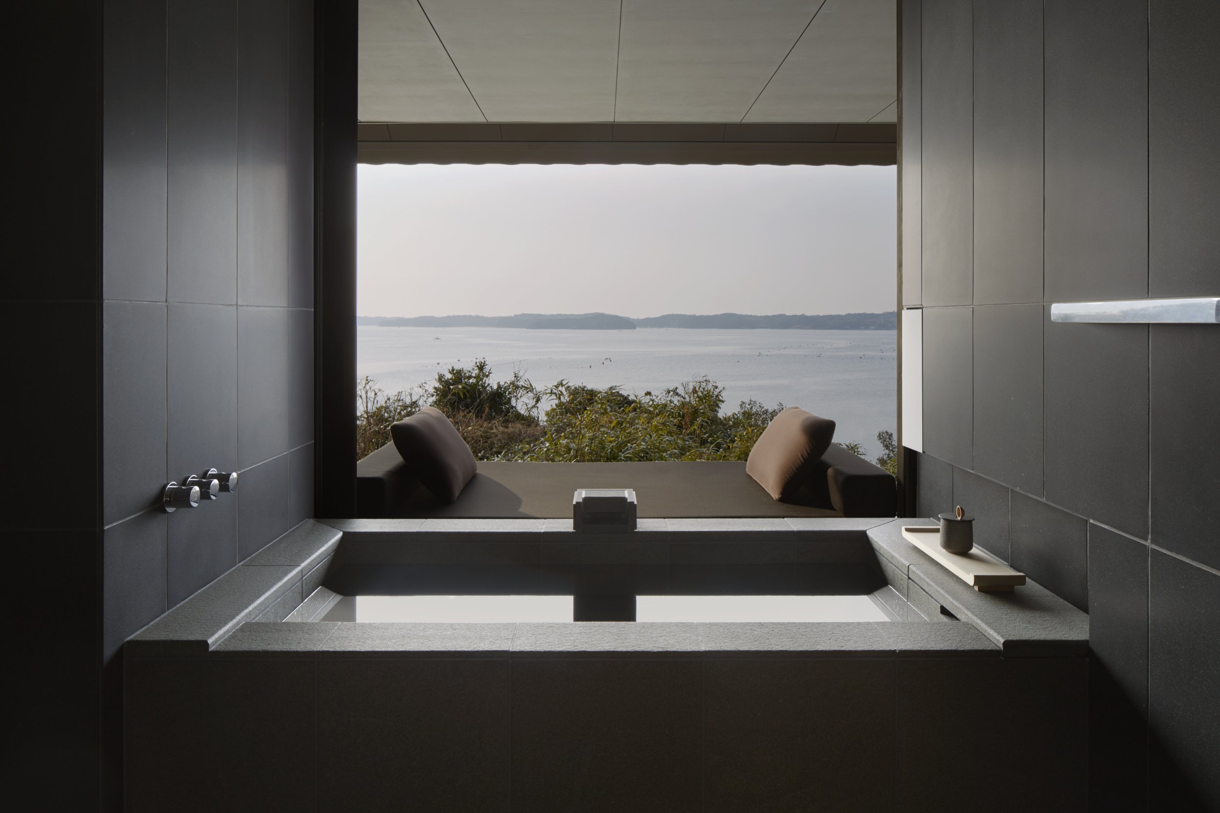 Onsen bath detail with full views over Ago Bay