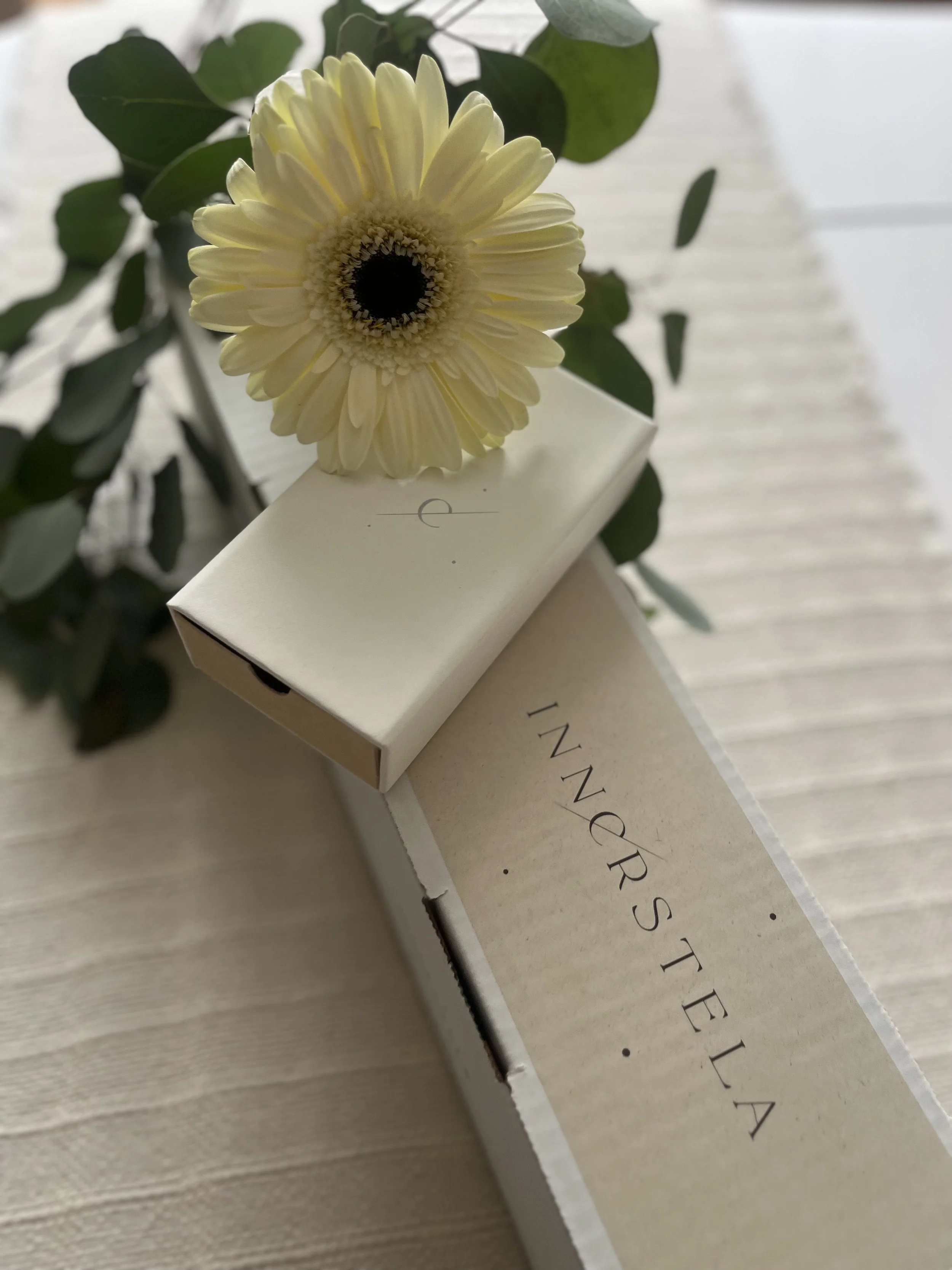 A white ceremonial box with the words 'INNERSTELA' and Innerstela Memorial Print box with a yellow and white flower on top, surrounded by green leaves, on a light wooden surface.