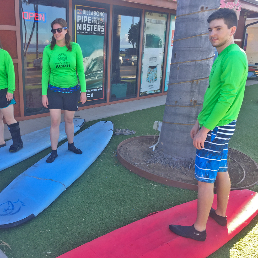 Calm at the surfing introduction lessons at Camp Koru.