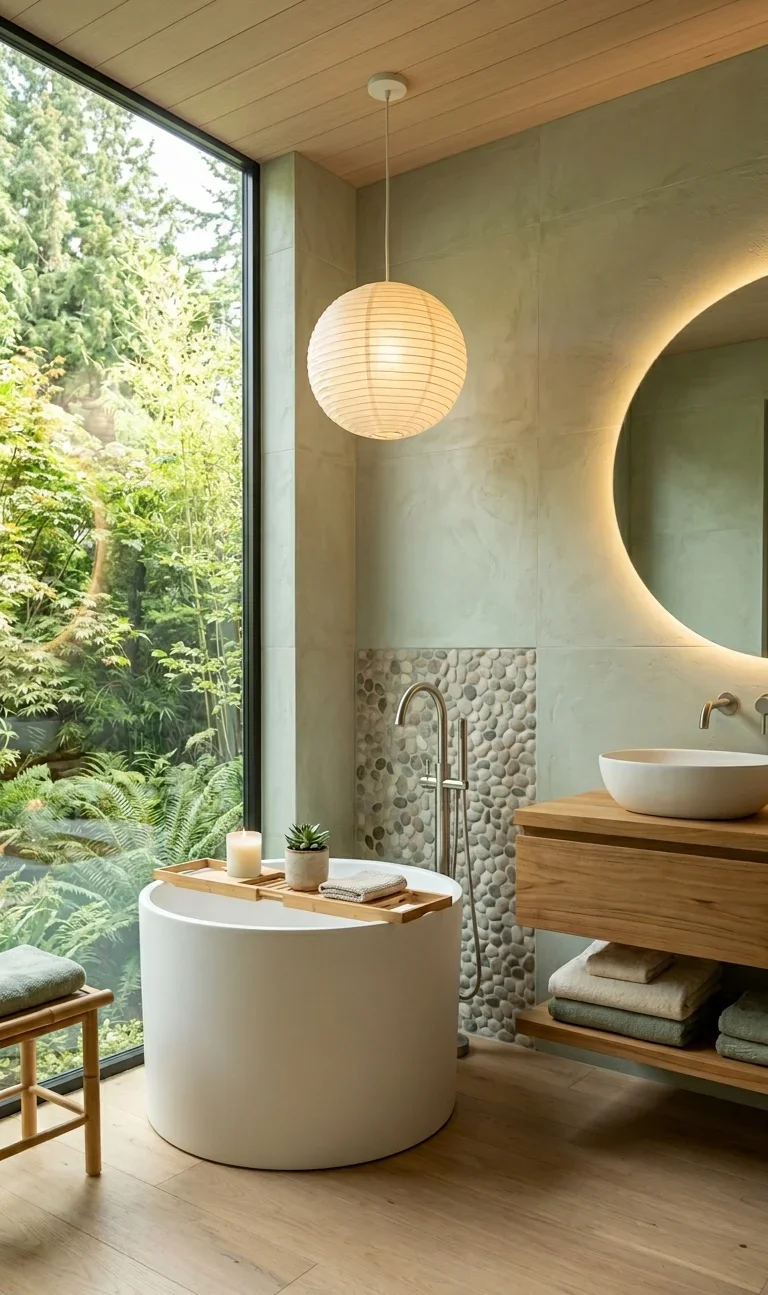 Modern minimalist bathroom with greige tiles, floating oak vanity and rainfall shower designed by Buford GA interior designer