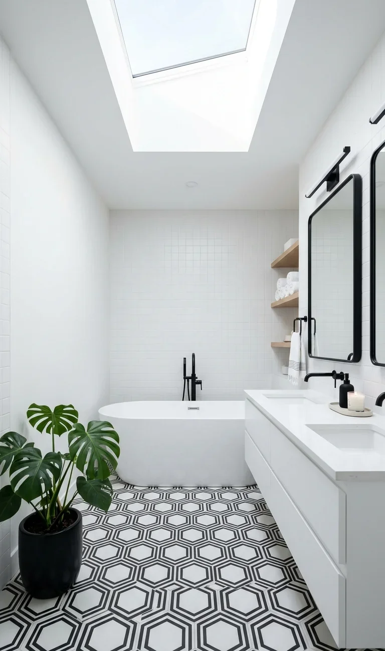 Black and white modern minimalist bathroom with freestanding soaking tub and matte black fixtures in Northeast Atlanta home