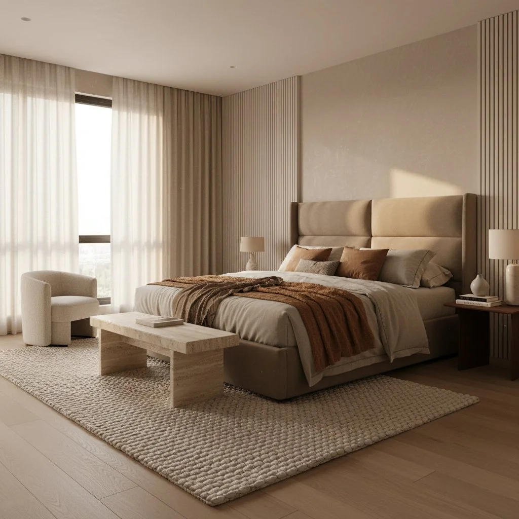 Minimalist earthy cozy modern bedroom design located in Buford, Georgia