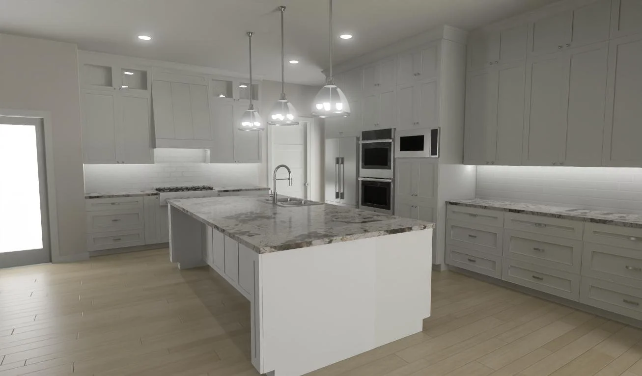 White kitchen interior design with marble island and pendant lighting – Welcome Home Interiors, Buford GA