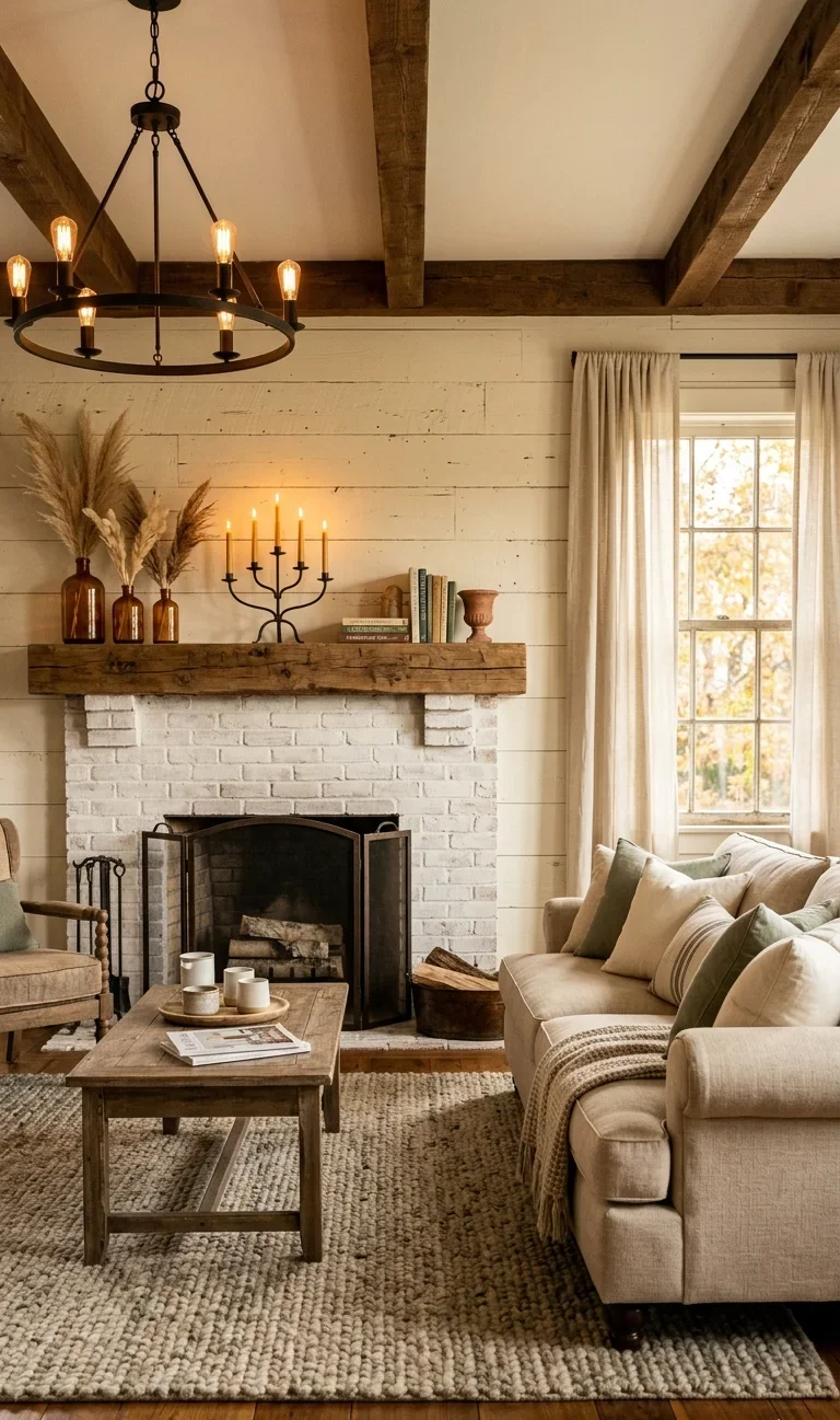 Cozy rustic farmhouse living room with shiplap walls, iron chandelier, and whitewashed brick fireplace in Buford GA home