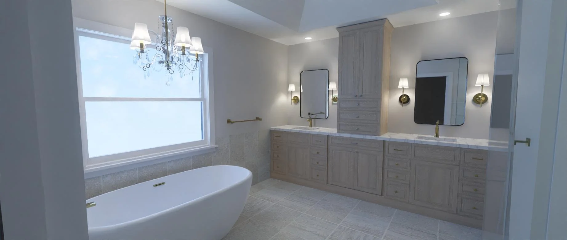 Luxury master bathroom design with soaking tub and gold fixtures – Welcome Home Interiors, Buford GA
