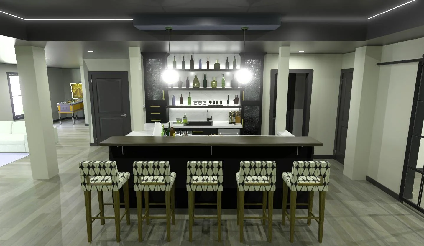 Modern Basement kitchen concept with black island, barstools, shelves with bottles, and bright lighting.