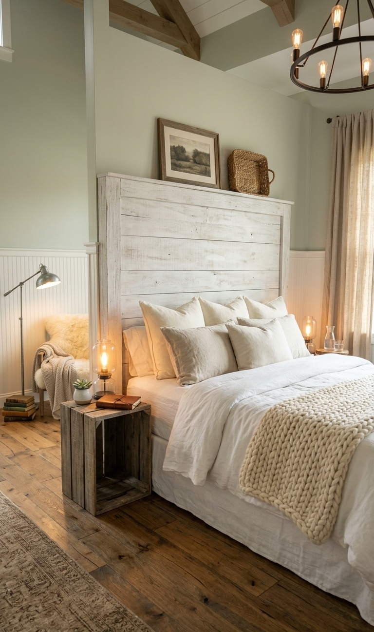 Warm neutral bedroom with a whitewashed wood headboard, layered bedding, soft lighting, and rustic bedside tables in a serene residential interior.