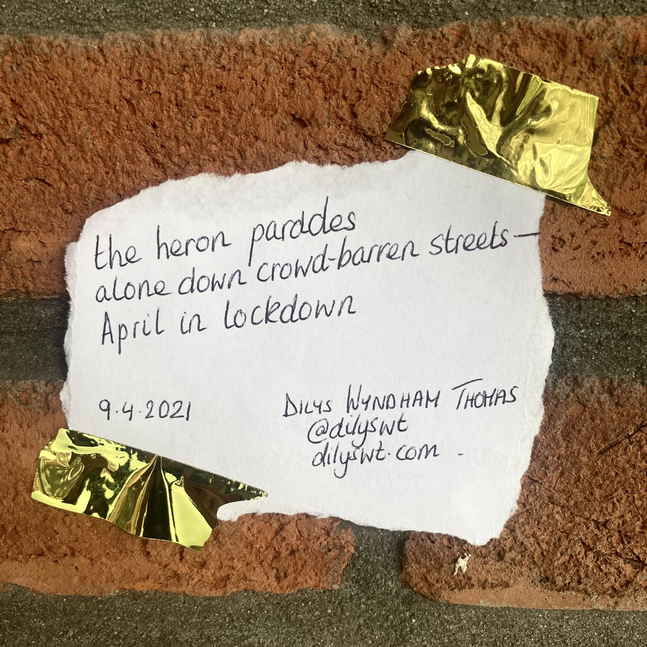  haiku, 9th April 2021: the heron parades / alone down crowd-barren streets— / April in lockdown 