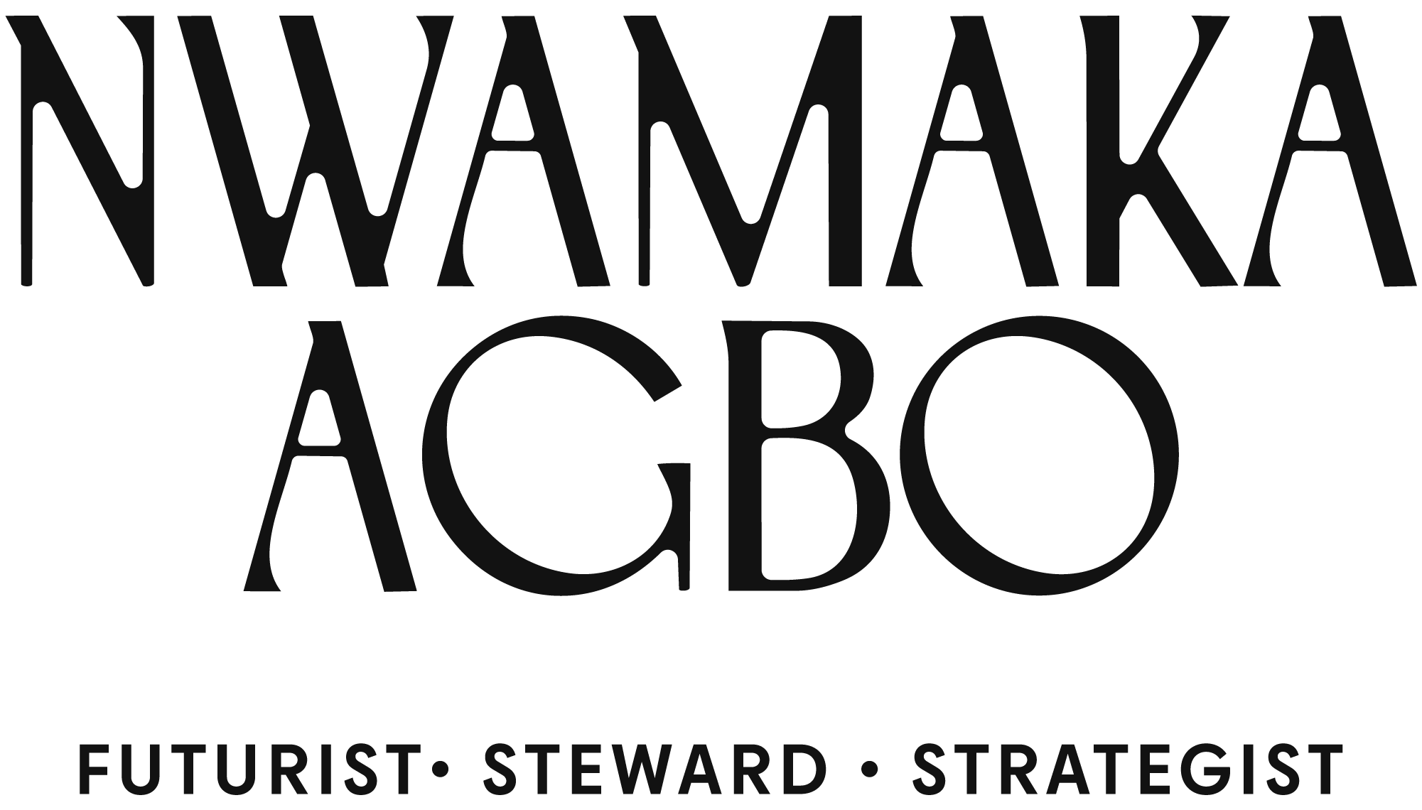 Nwamaka logo in black reads: Nwamaka Agbo in large letters and below Futurist, Steward, Strategist in a smaller font.