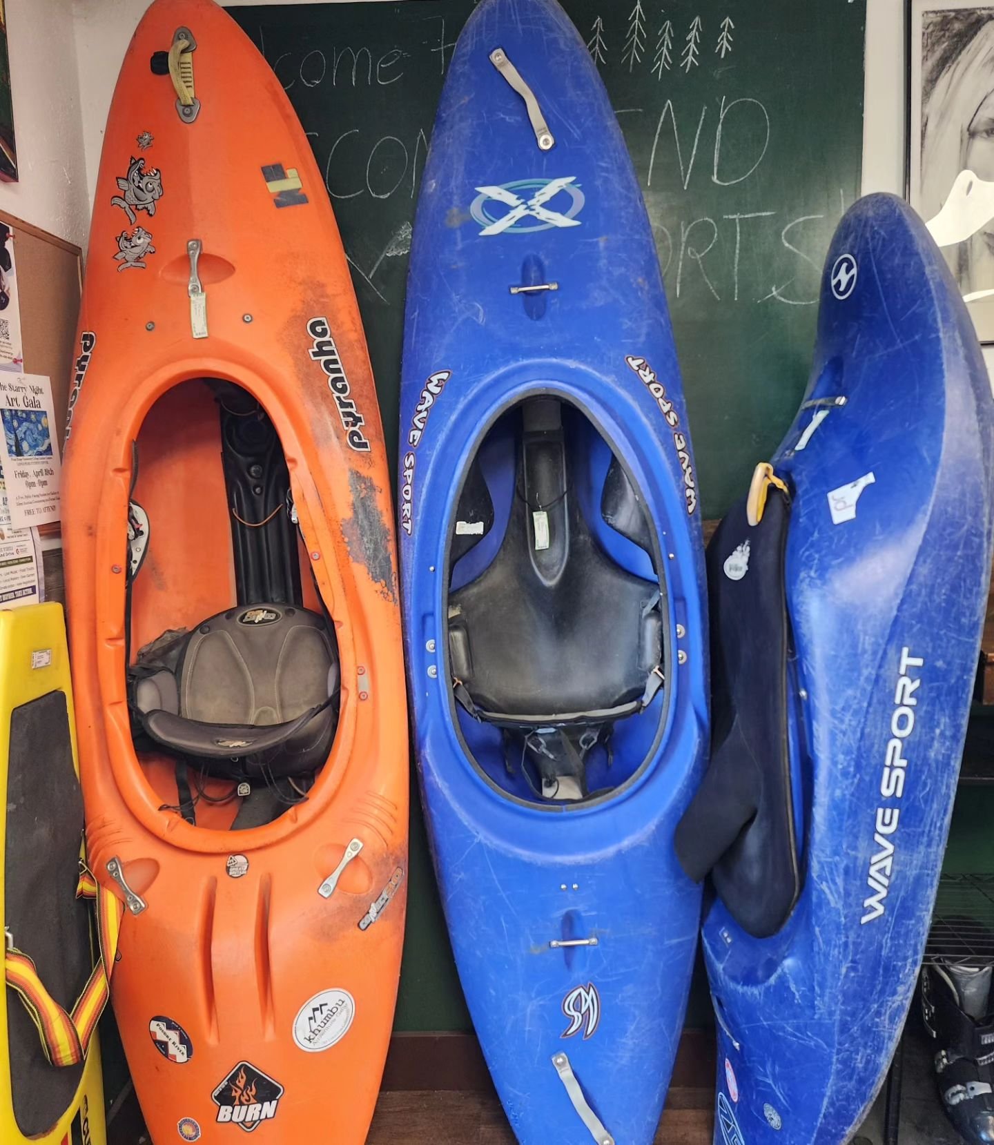 It's that time of the year! Kayaks, paddle boards, and water skis are out. Don't forget your life jacket!

Kayaks
- Pyranha Burn orange $148
- Blue wave Sport X $75
- Zero Gravity Wave Sport $175

Stand Up Paddle Boards
- (2) kids NRS AMP with Pump $