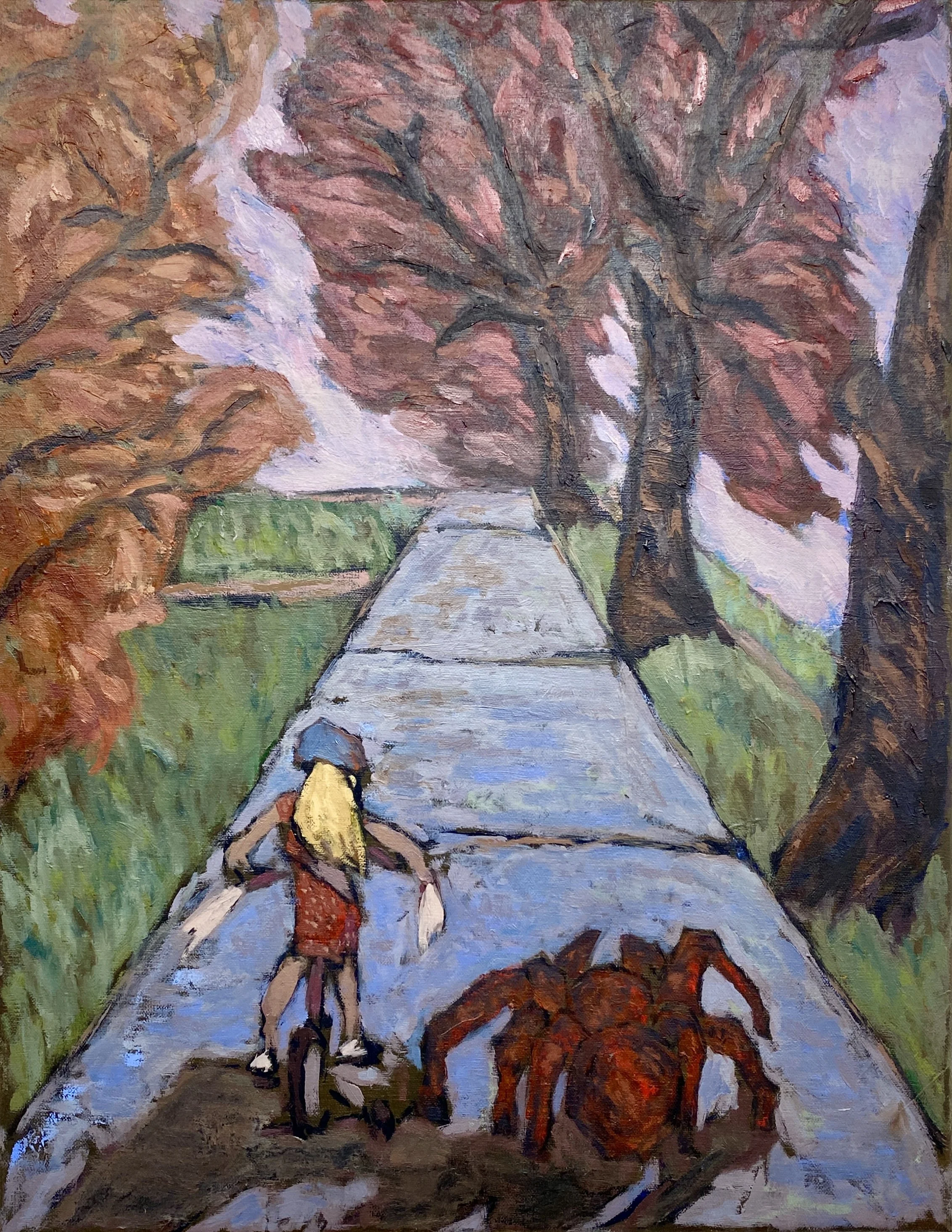 Training Wheels, 2026. Oil and pigment stick on canvas — 18" x 12"