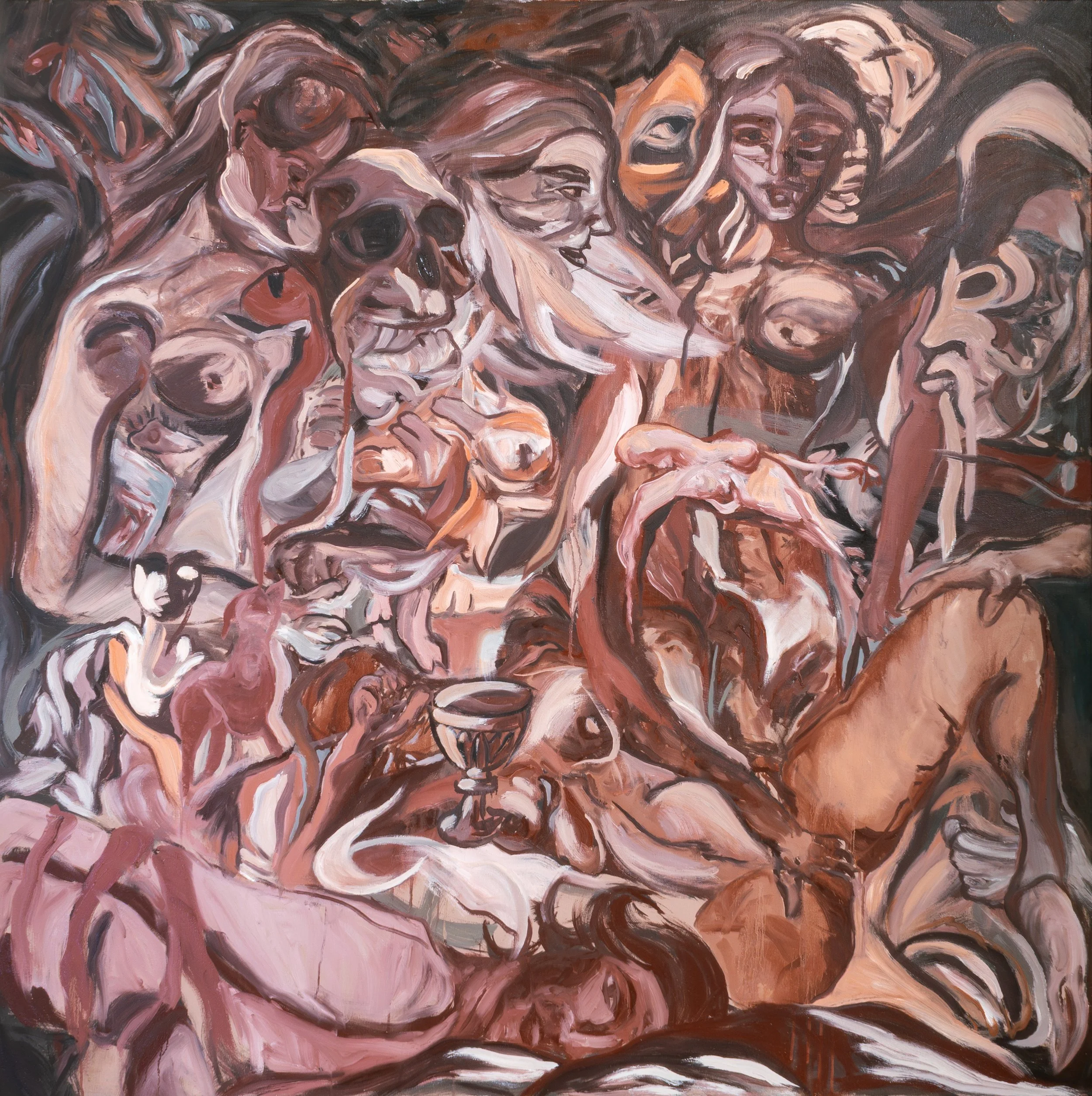 Prom Queens and Hotel Rooms, 2025. Oil on canvas — 48" x 48"