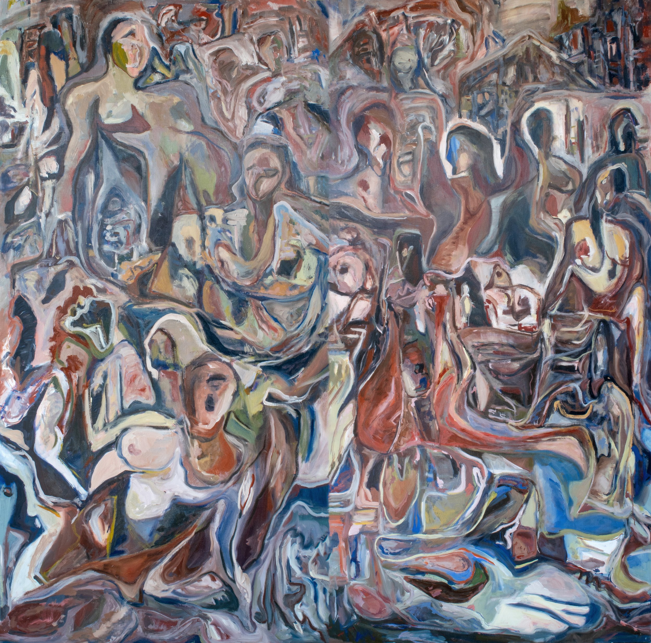 For The Masses, 2025. Oil on canvas, two panels — 72" x 72"