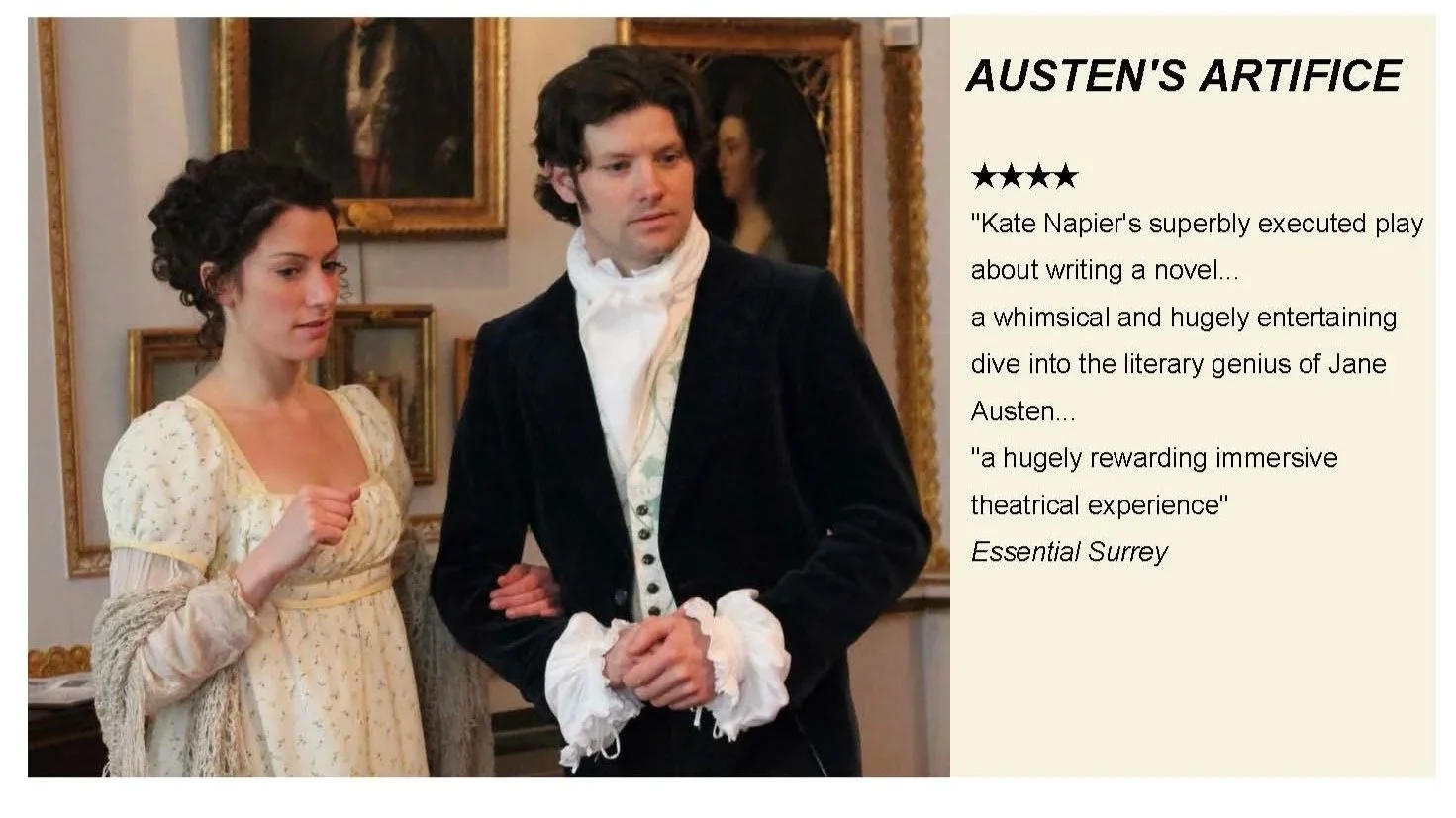Production shot of Austen’s Artifice by Kate Napier with Katie Crooks and Rob Cann. 4 star review. 