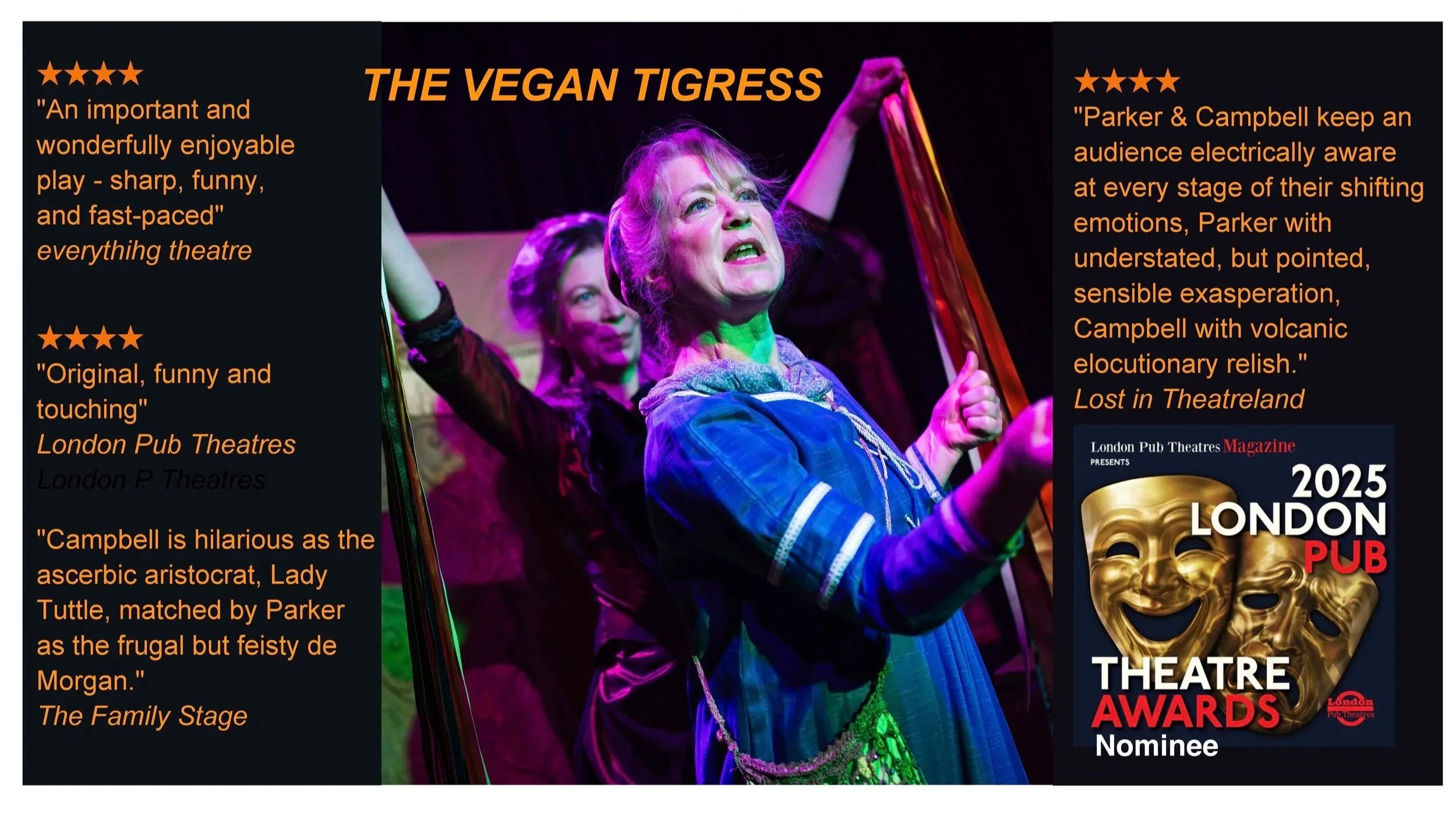 Production shot from The Vegan Tigress by Claire Parker showing Claire Parker as Mary and Edie Campbell as Lady Tuttle. London Pub Theatre Awards nomination Claire Parker New Writing and 4 star review excerpts