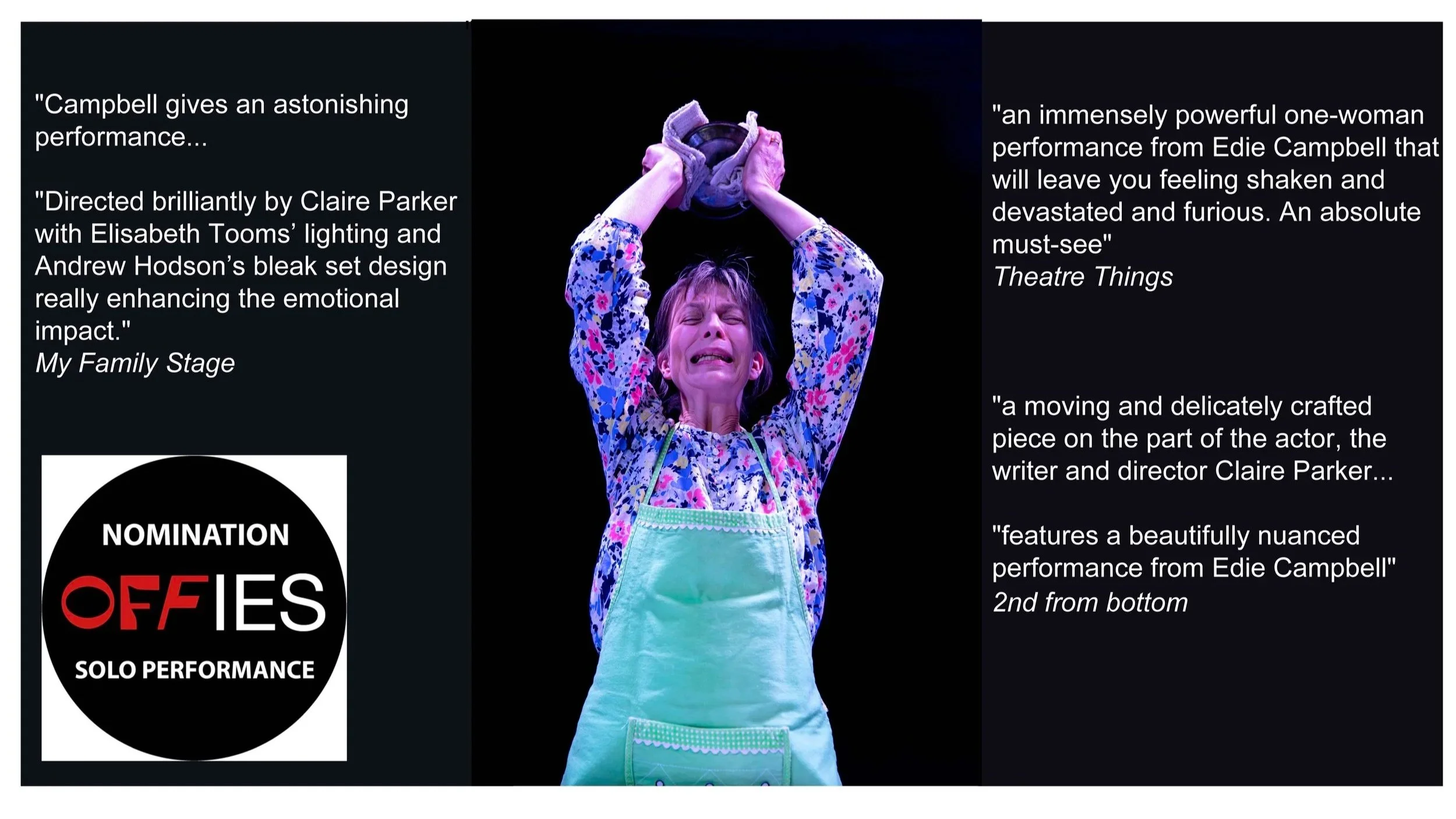 Production shot of Edie Campbell as Miriam in Apples in Winter by Jennifer Fawcett dressed in an apron and holding an apple pie above her head. OFFIES nomination solo performance logo and review excerpts