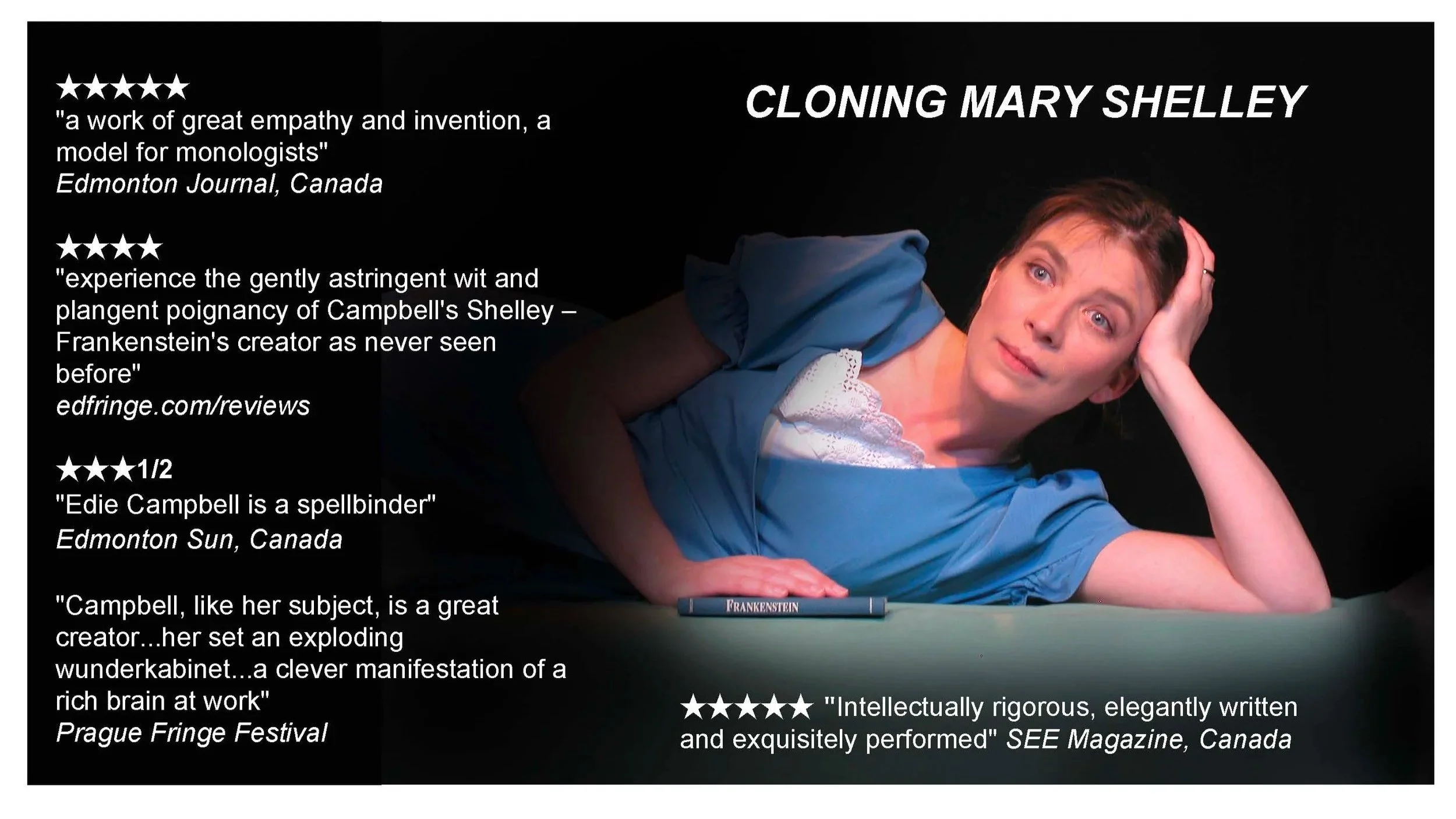 Produciton shot from Cloning Mary Shelley - a fantasia by Jack Lynch & Edie Campbell. 5 and 4 star review excerpts.