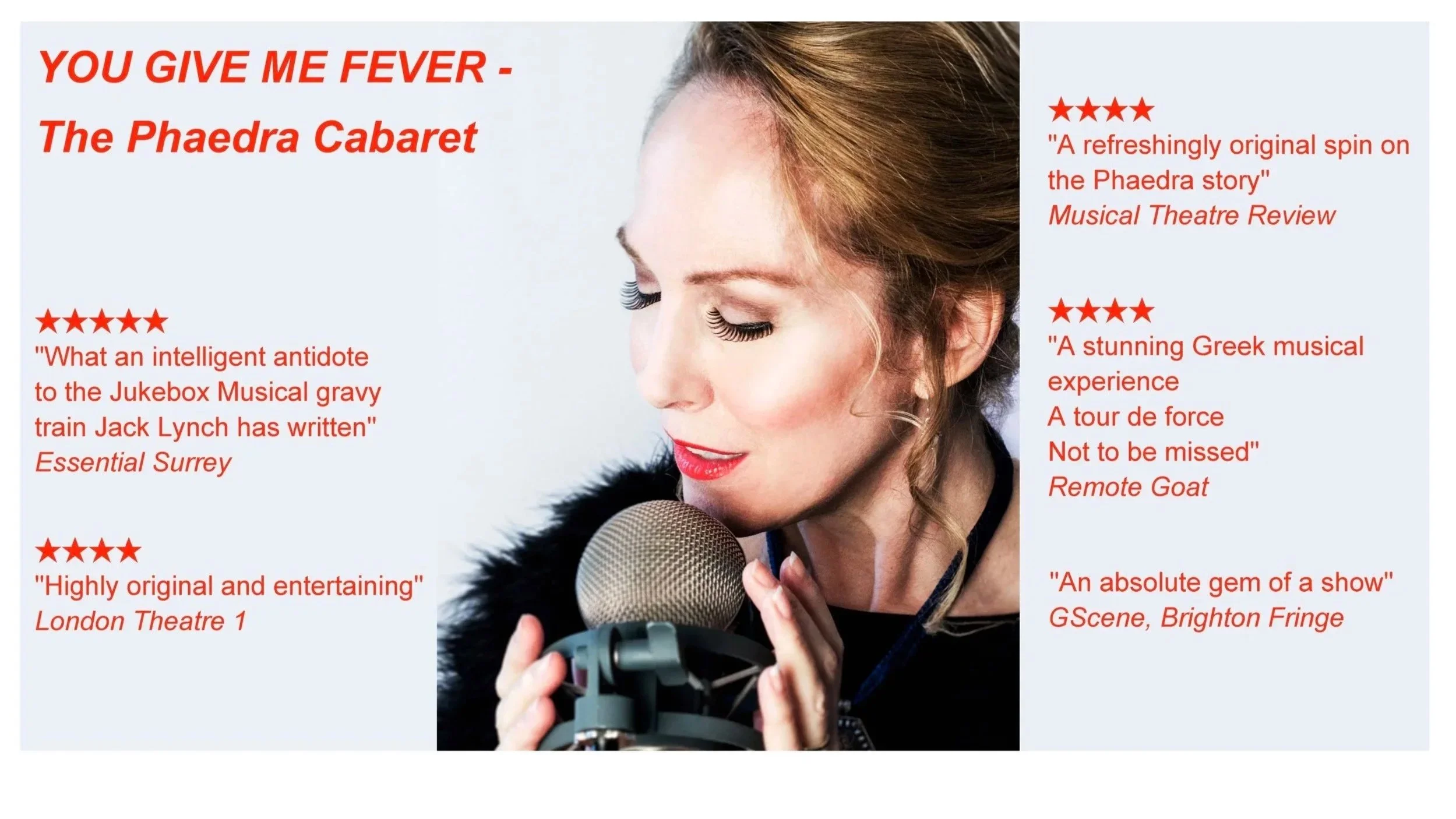 Publicity shot of Pippa Winslow as Fae in You Give Me Fever - the Phaedra Cabaret with 5 and 4-star review excerpts