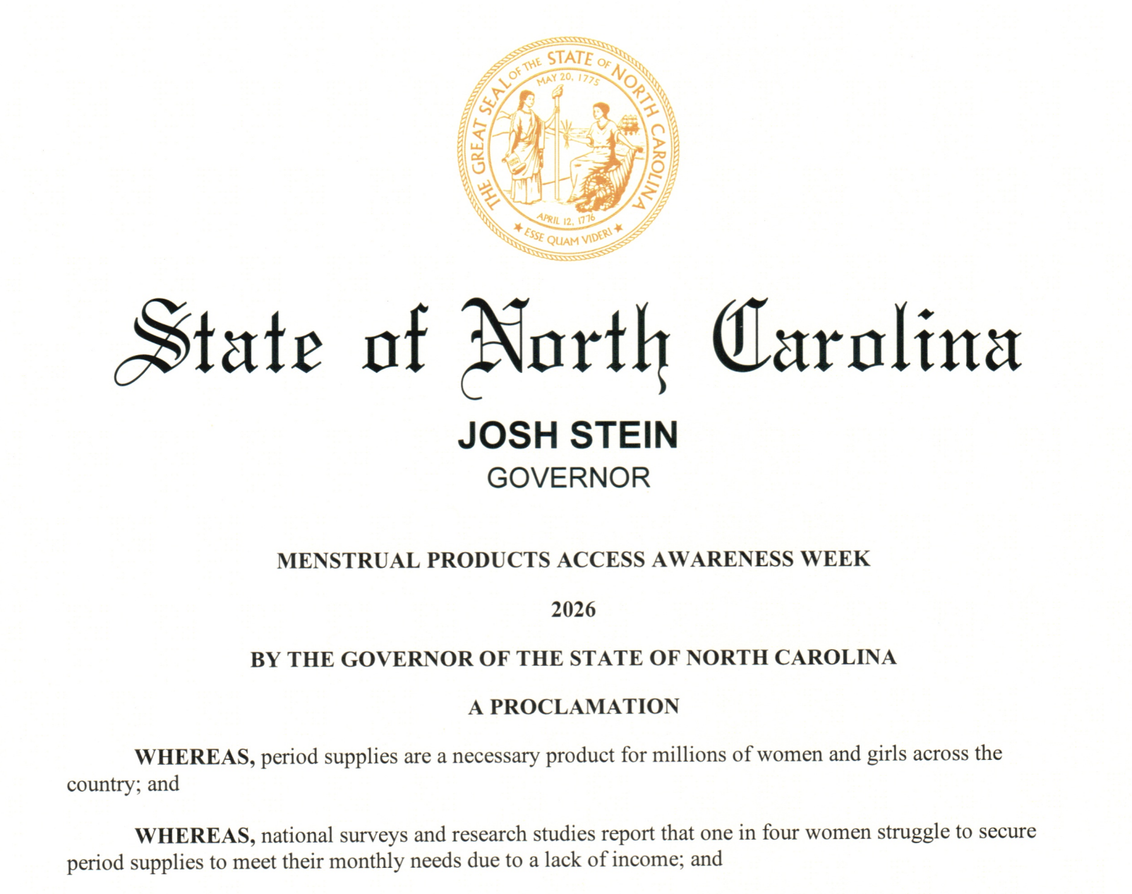 Governor Stein Proclaims Menstrual Products Access Awareness Week