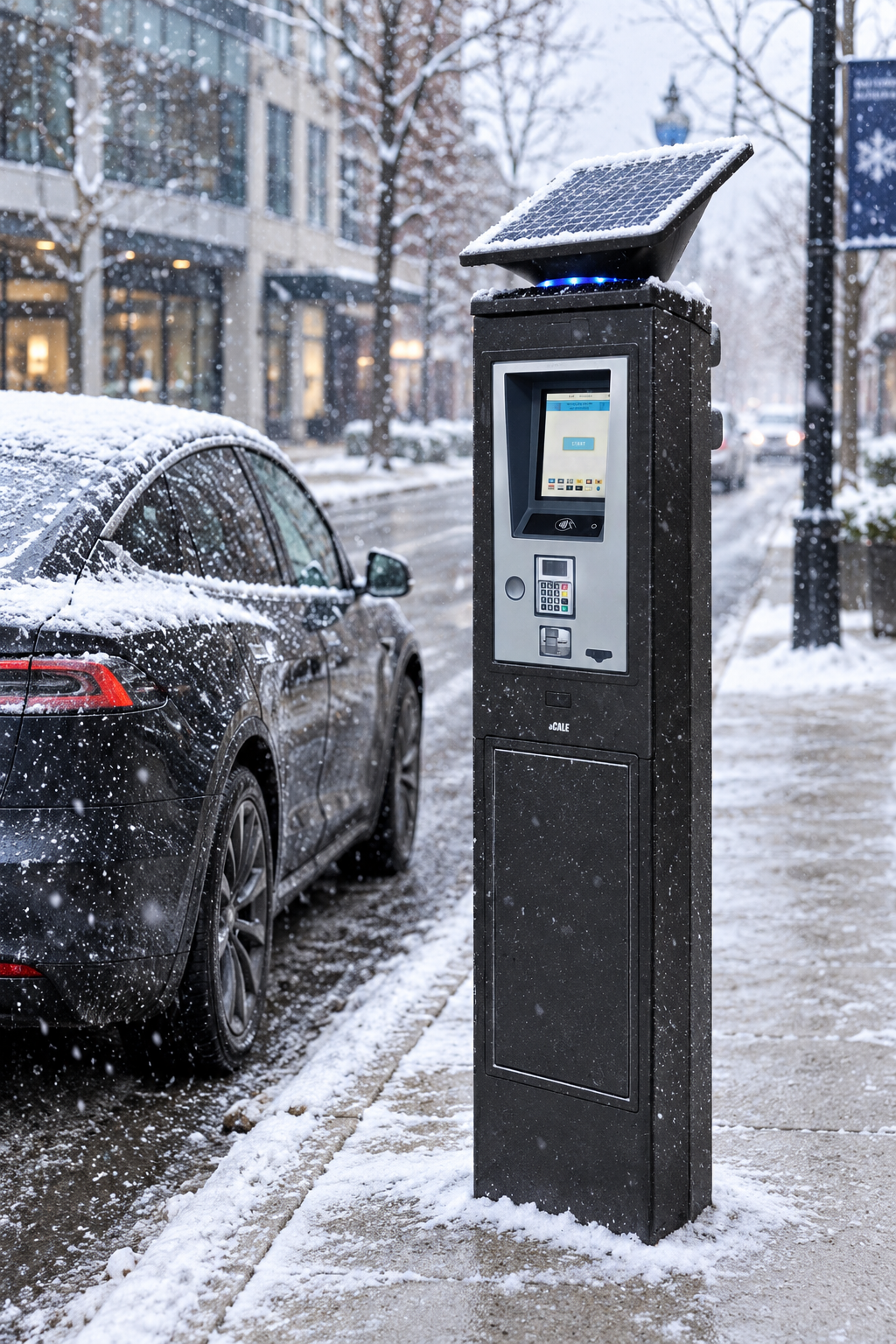 CWT S5 parking meter on a snowy city street