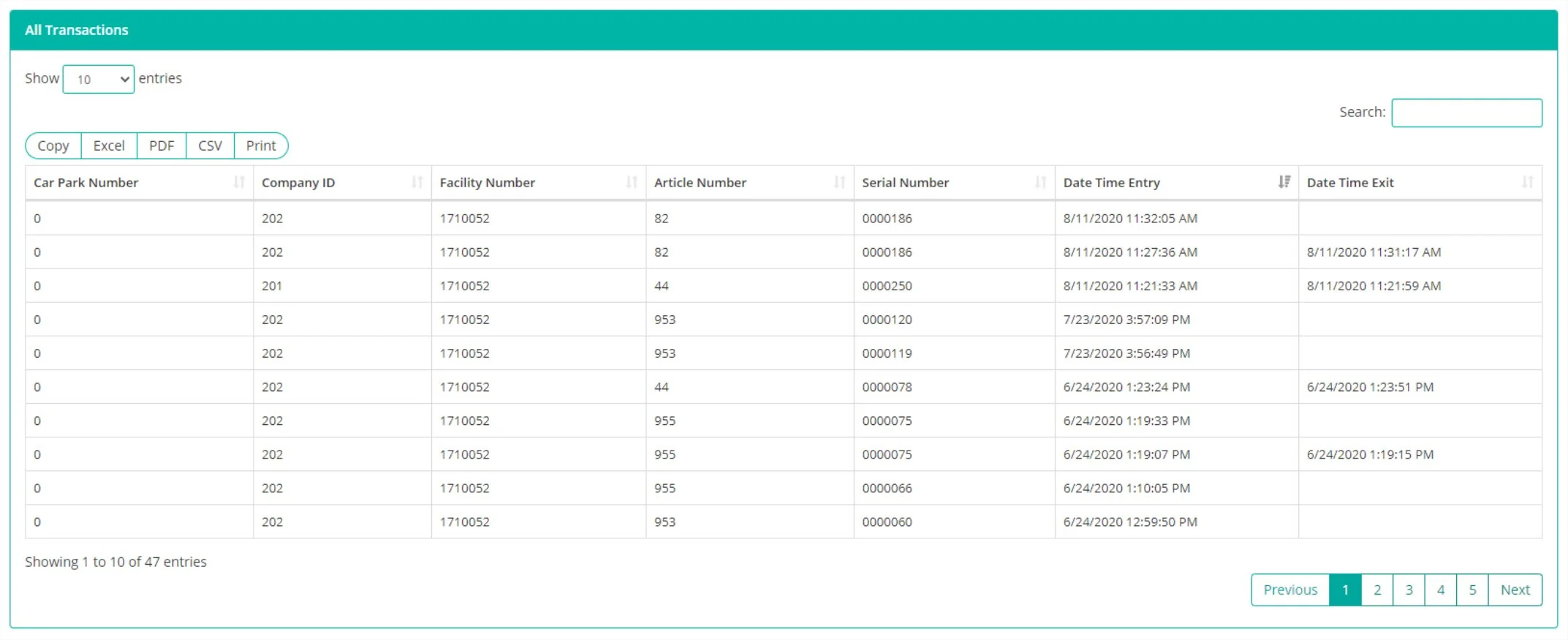 GUEST Reservation web platform viewing the list of all transaction logs