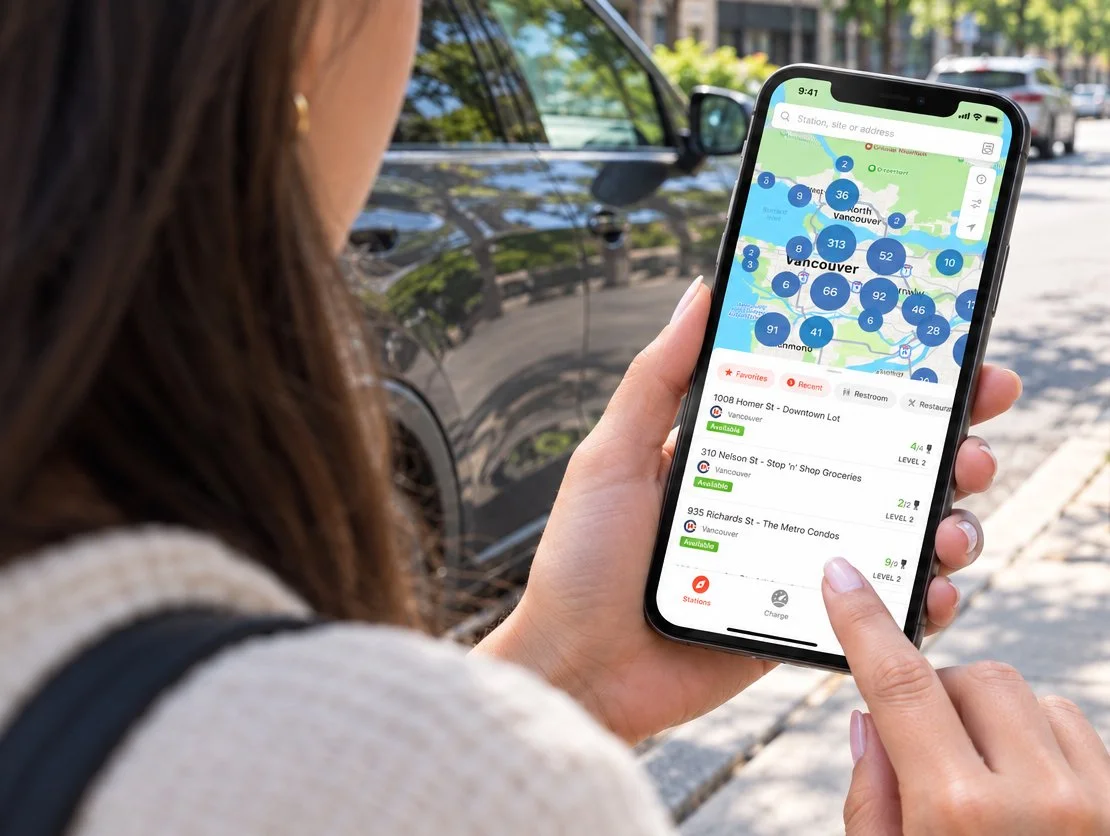 Driver finding EV chargers in the Hypercharge app on a smartphone