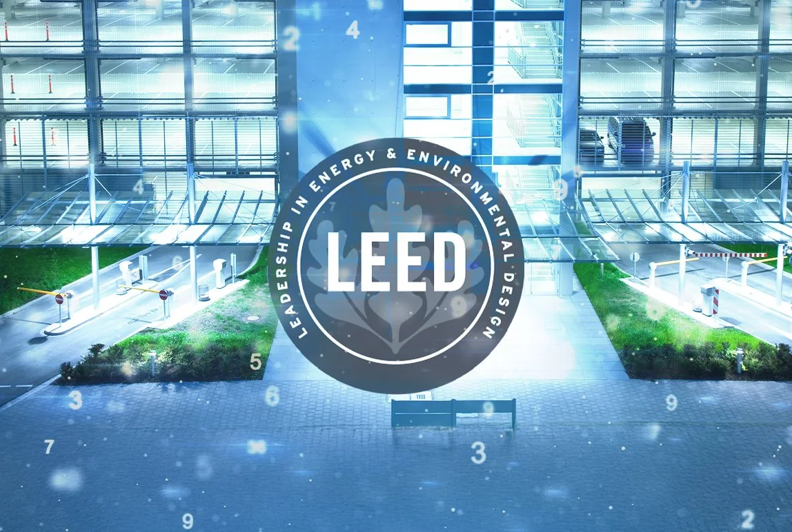 LEED Certification badge over parking garage