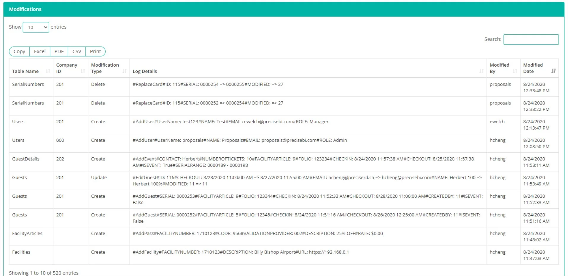 GUEST reservation web platform viewing the list of all modifications and changes made within GUEST