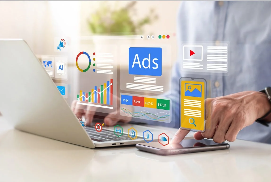 Person on laptop with AR ad platform