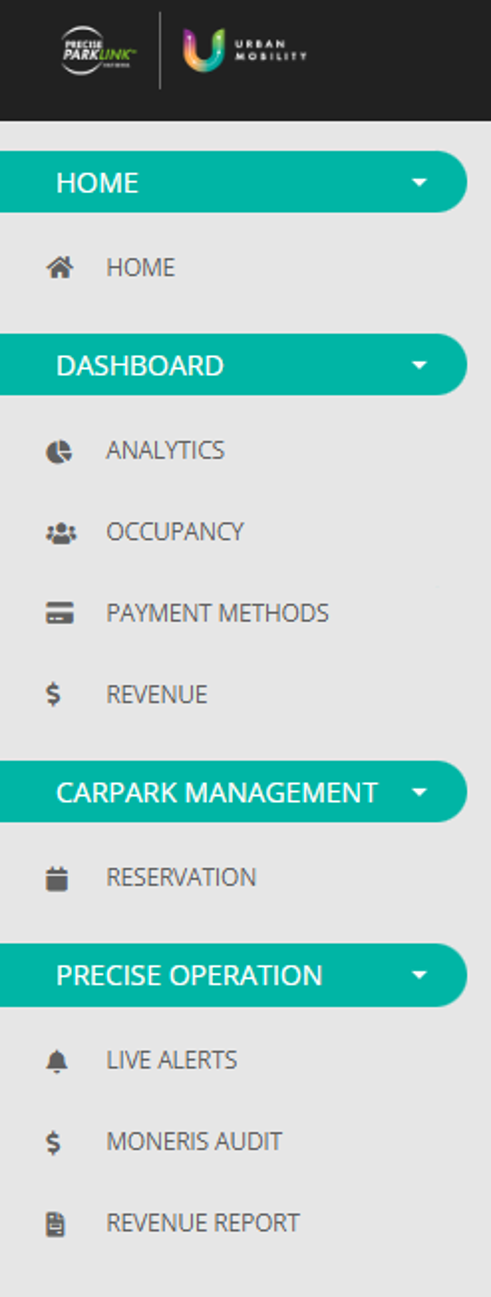 ParkSuite Dashboard menu