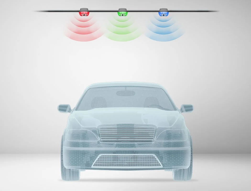 Park Assist guidance sensors with red, green and blue lights above a parked car