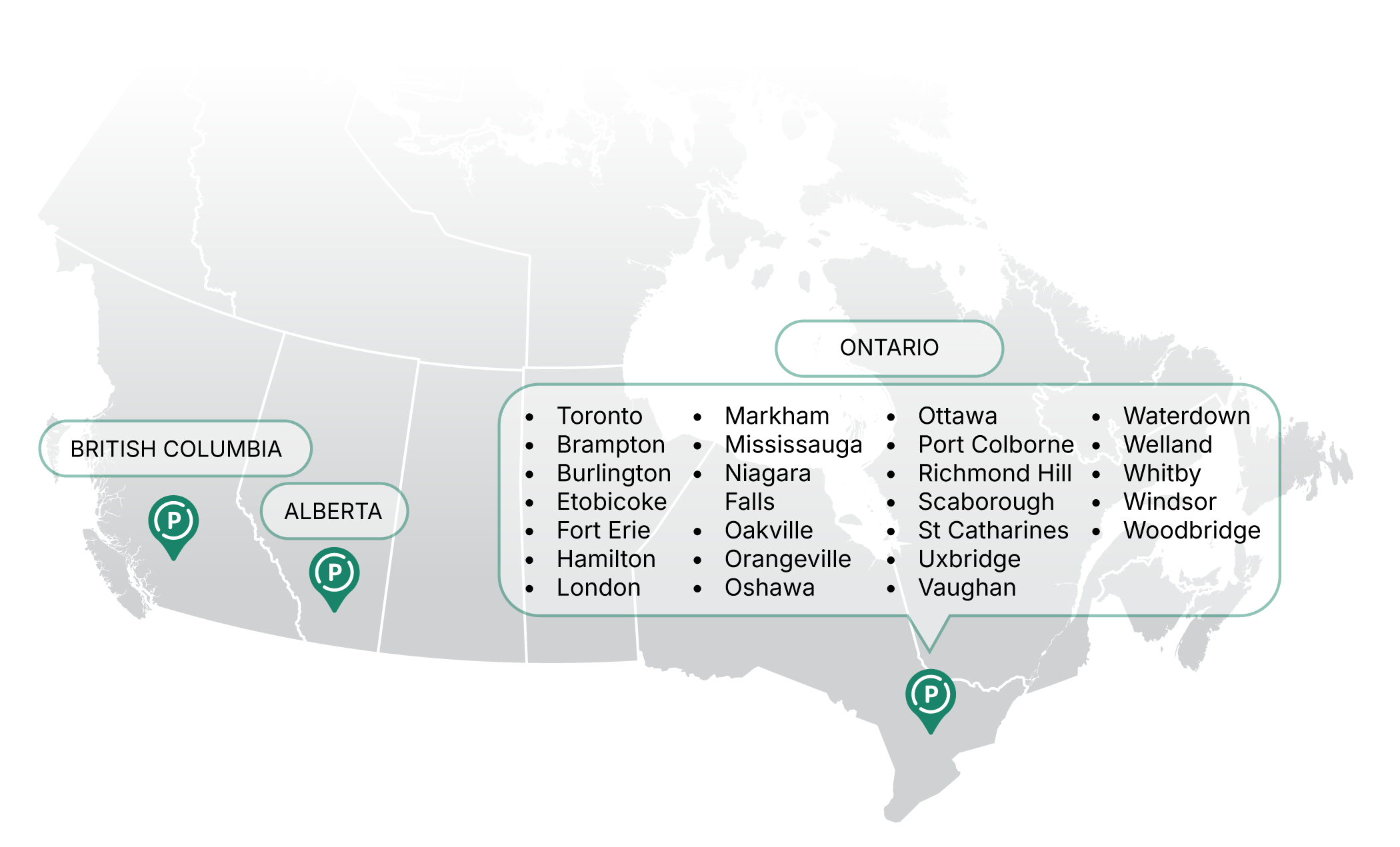 Map of Canada showing regional parking enforcement teams