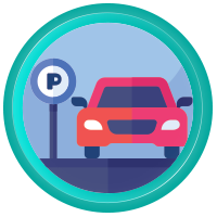 Icon of a car parked beside a parking sign