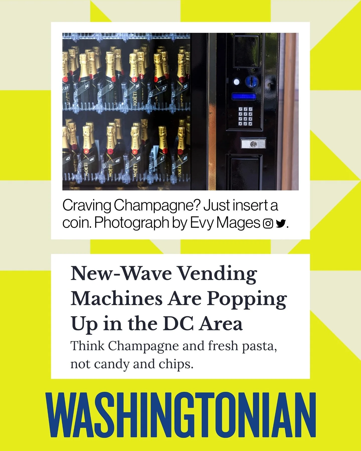 Vending machines are often ridiculed as the domain of soggy sandwiches and stale snacks. Now a new generation of innovative options are upending that reputation by offering luxe drinks and boutique bites.

Read my story @washingtonianmag. Link in bio