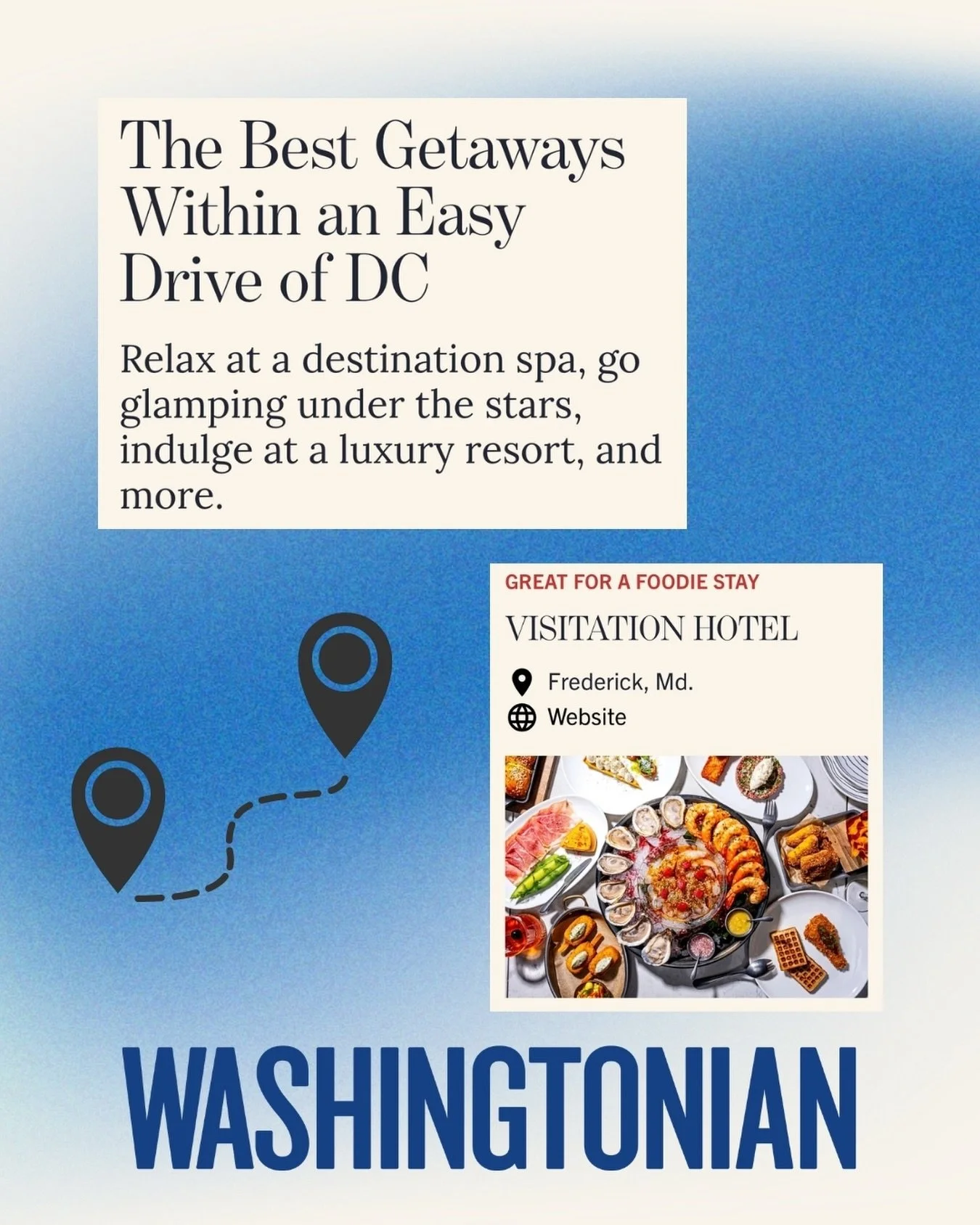 My latest contribution @washingtonianmag are several blurbs in &ldquo;The Best Getaways Within an Easy Drive of DC&rdquo; package, including those for @visitationhotel @tidesinn @theblackburninn @nicewonderfarm. 

Read the piece via the link in my bi