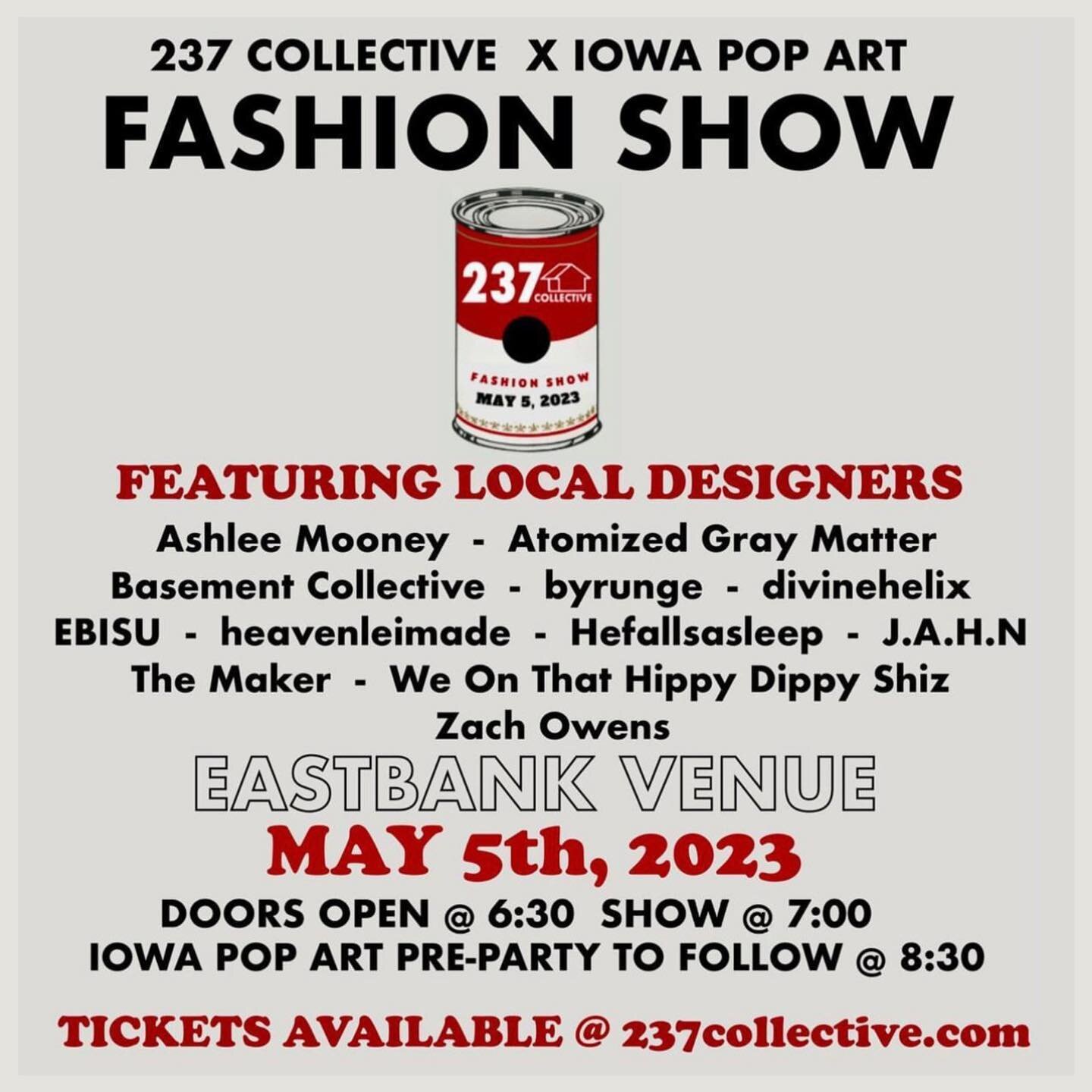 Kick off Iowa Pop Art Weekend by joining us and the visionaries from 237 Collective (@237collective) for a Friday Night Fashion Show at Eastbank Venue (@eastbankvenue)! 

Doors open at 6:30, show starts at 7:00 and then hang out after for the officia