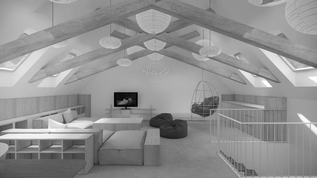 An attic dream
_AF House_

Concept for an attic

When the height allows the ceiling becomes the &quot;4th dimension&quot; to work with. In this case the paper lamps are meant to soften and &quot;diffuse&quot; the ceiling up to the point where it beco