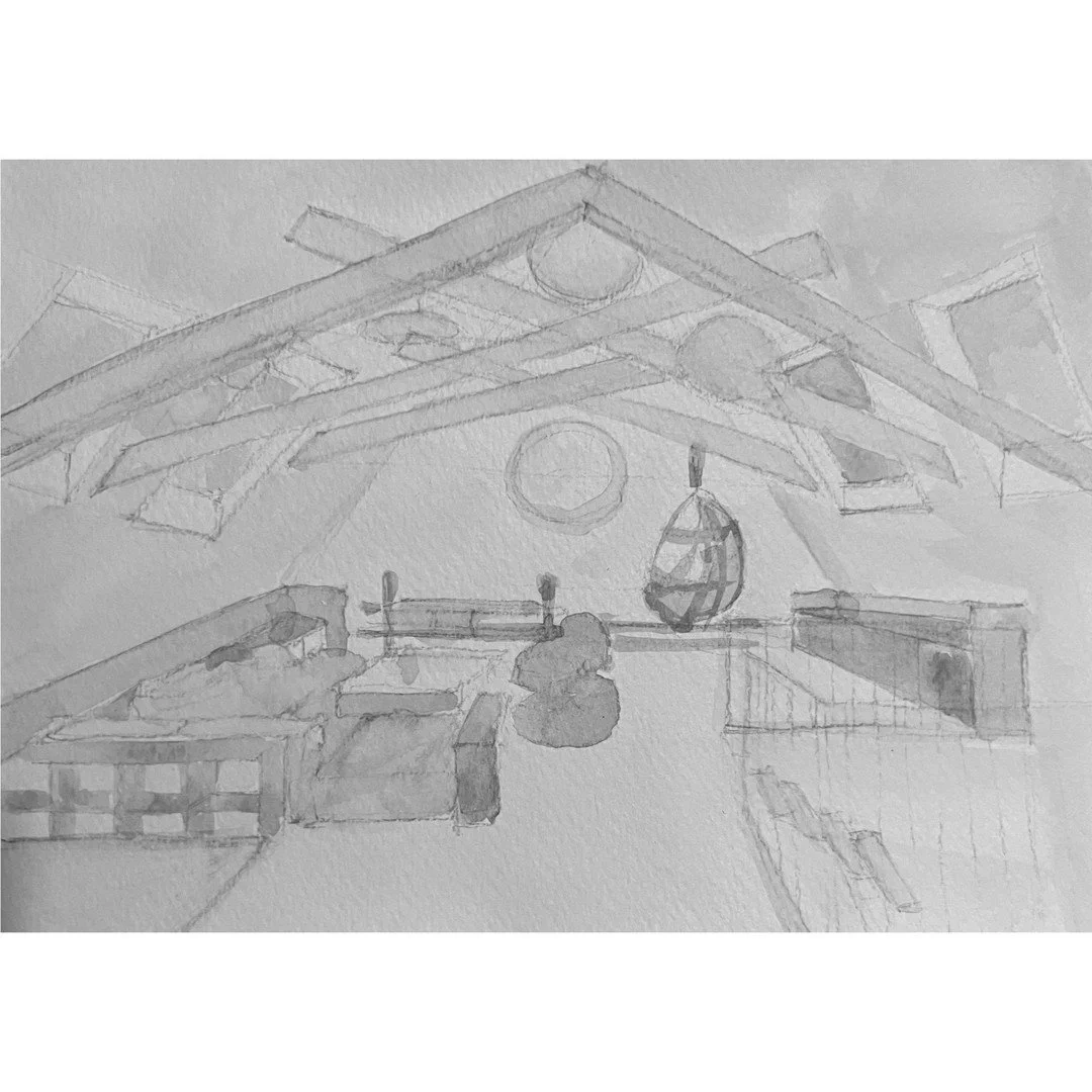 Concept for an attic

When the height allows the ceiling becomes the "4th dimension" to work with. In this case the paper lamps are meant to soften and "diffuse" the ceiling up to the point where it becomes fluid and the height be