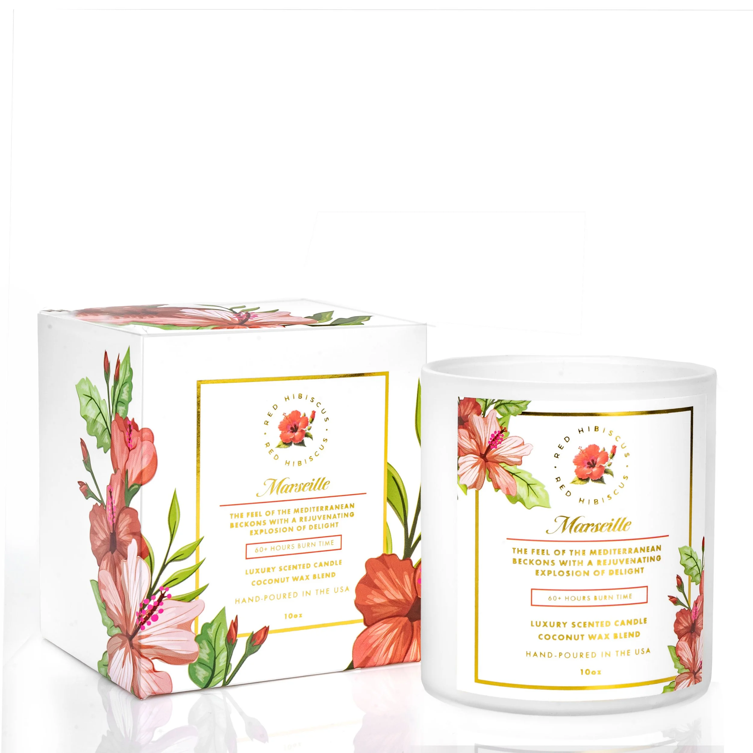 Three white boxes with floral designs and product descriptions for scented candles, with the words 'Marseille' and 'luxury scented candle coconut wax blend' visible.